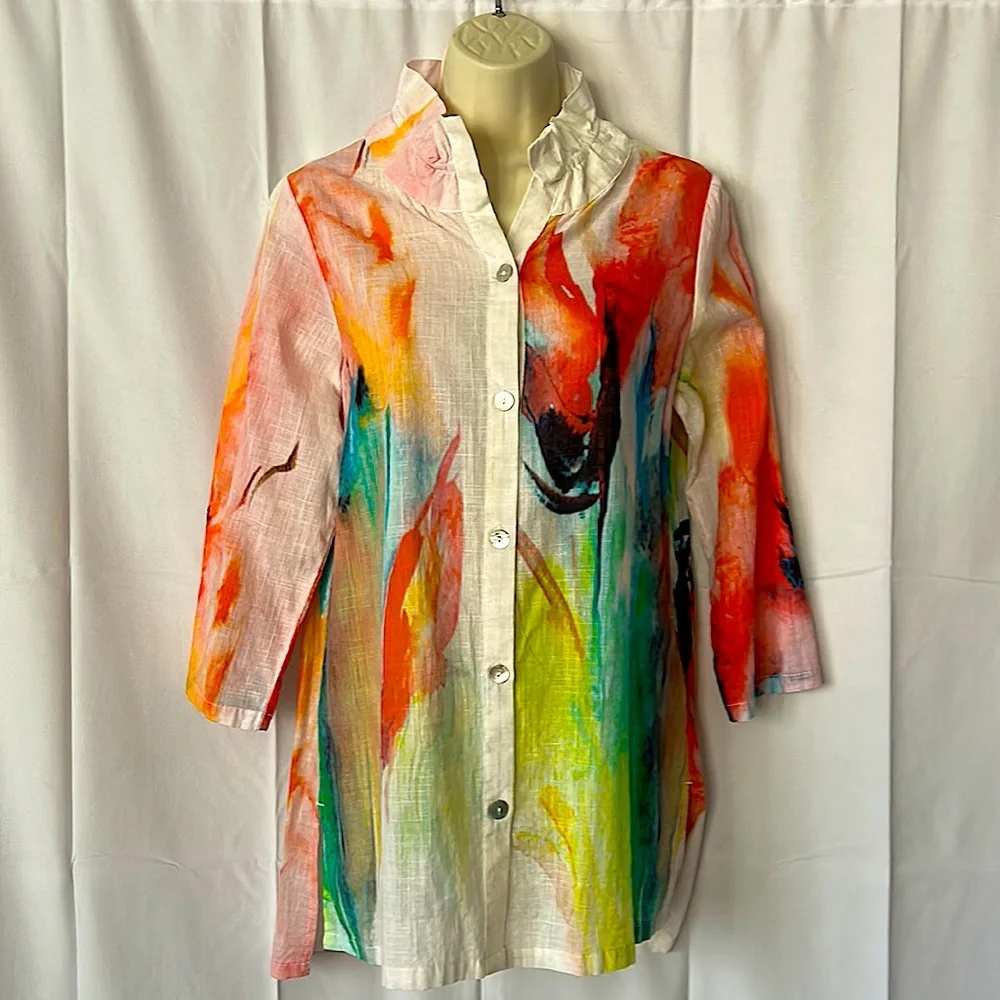 Soft Surroundings Colorful Ruffle Collar 3/4 Sleeve Cotton Tunic Top Size S - Picture 1 of 3